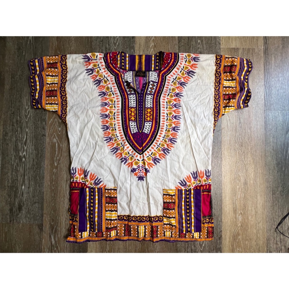 Raan Pah Muang Dashiki Shirt Unisex Medium White Purple Orange Traditional Print